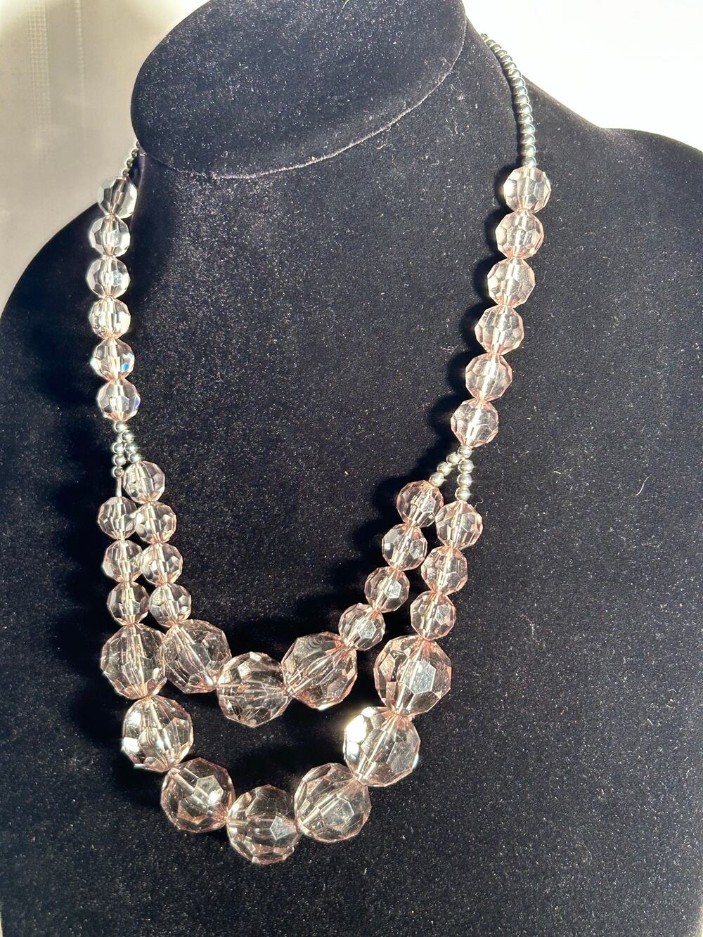 Vintage Graduated Faceted Clear Gray Crystal Bead Strand Necklace 22 Inch